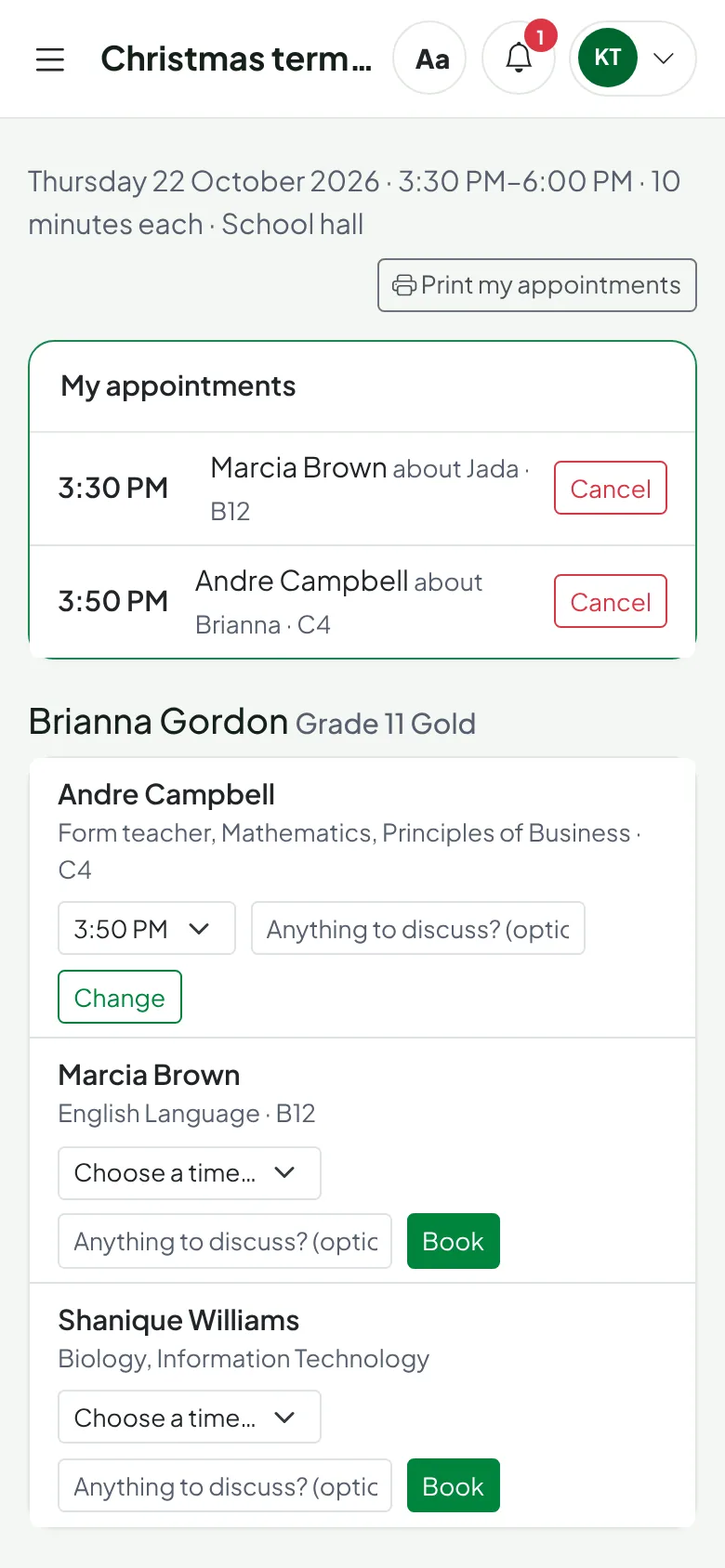 A parent booking ten-minute slots with each of their child's teachers for a parent-teacher evening.