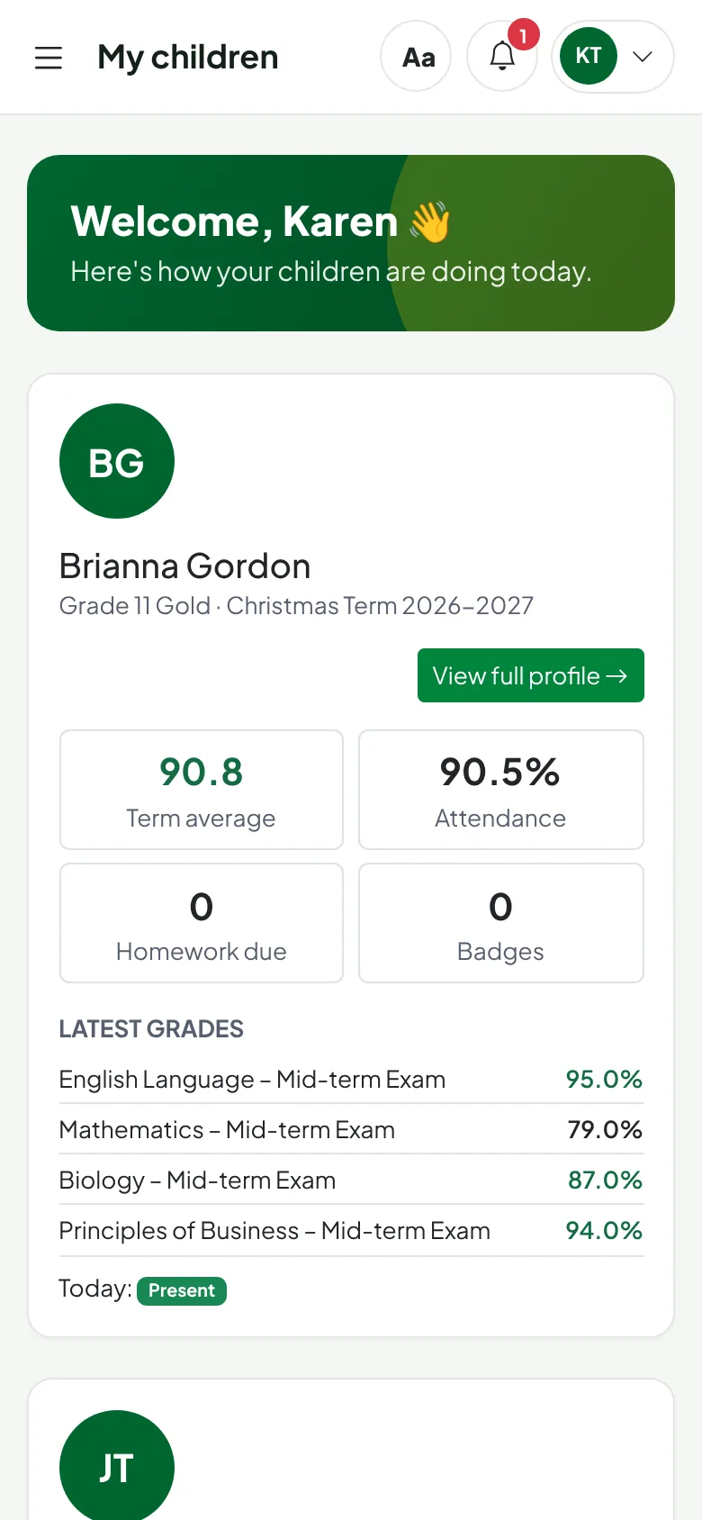 The parent app on a phone, showing a child's term average, attendance and latest grades.