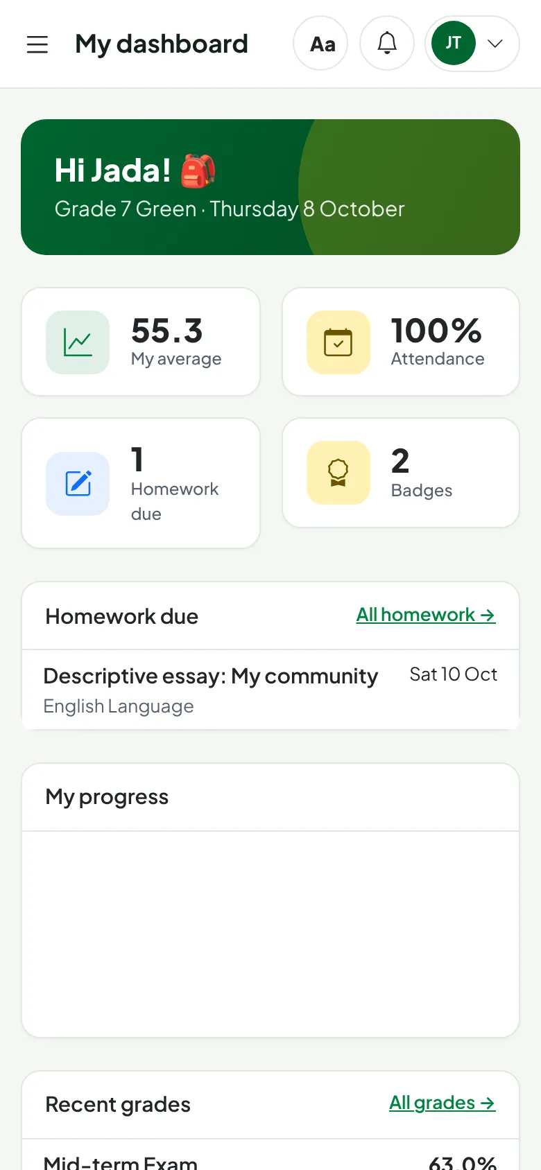 A student's own dashboard on a phone.