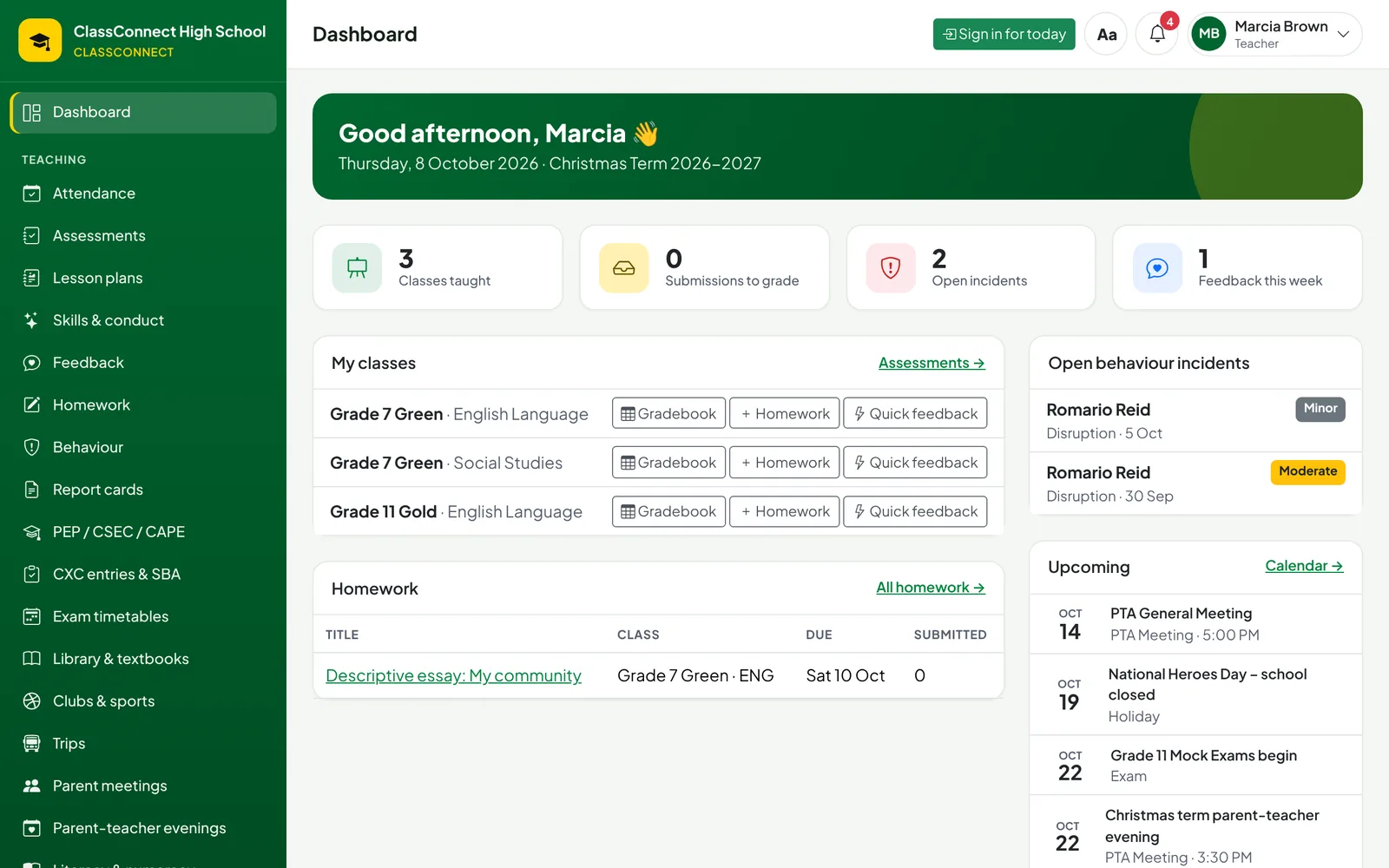 A teacher's dashboard in ClassConnect showing their classes, homework, open behaviour incidents and upcoming events.